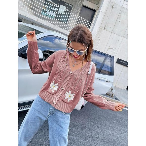 Womens Long Sleeve Open Front Flower Knit Cardigan Aesthetic Shrug Outfits - Picture 2 of 6